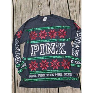 Victoria Secret Pink Black Long Sleeve Holiday Shirt Sequins Snowflakes BLING L